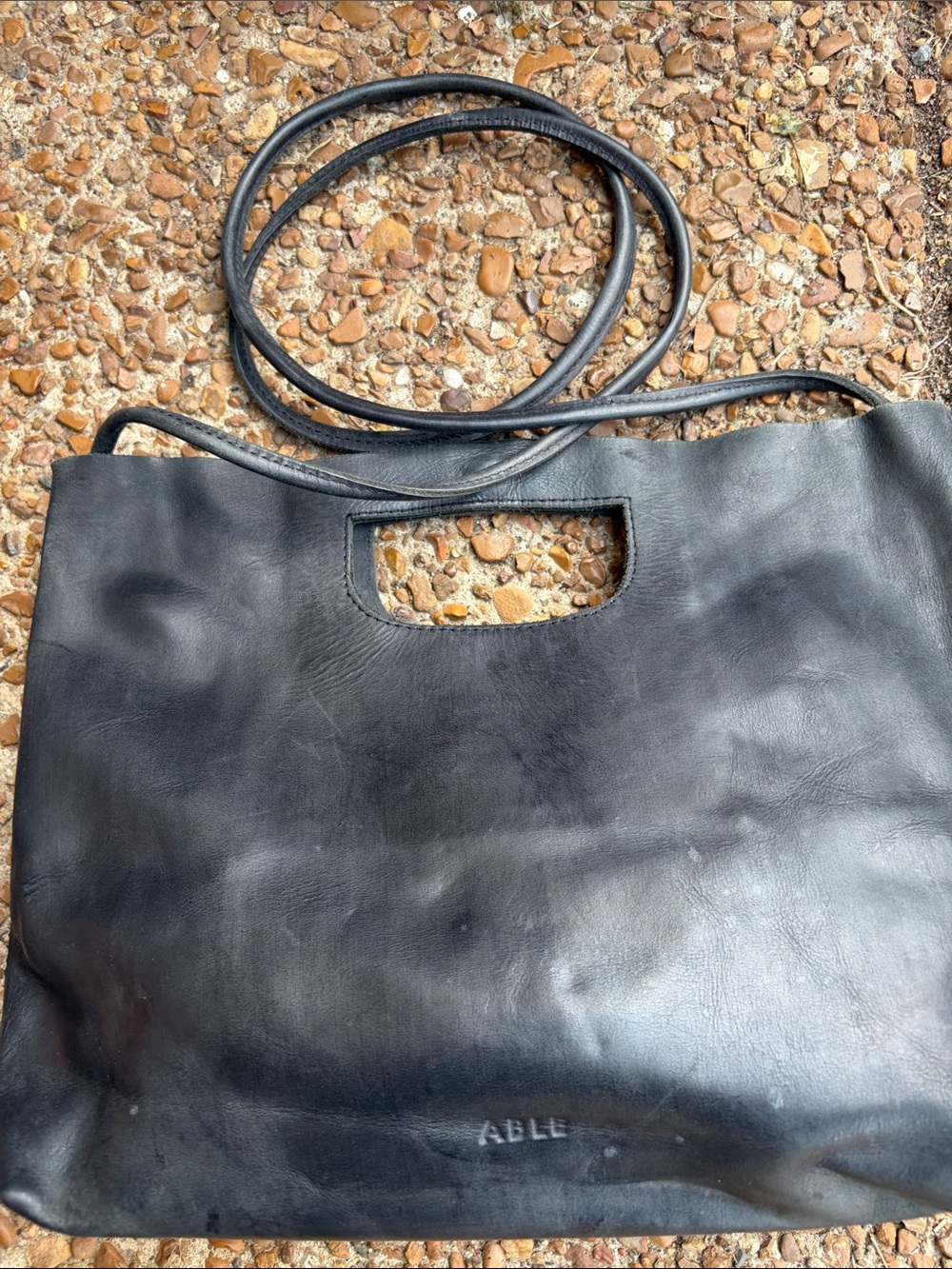 Able Black Leather Tote with Cutout Handle and Long Strap